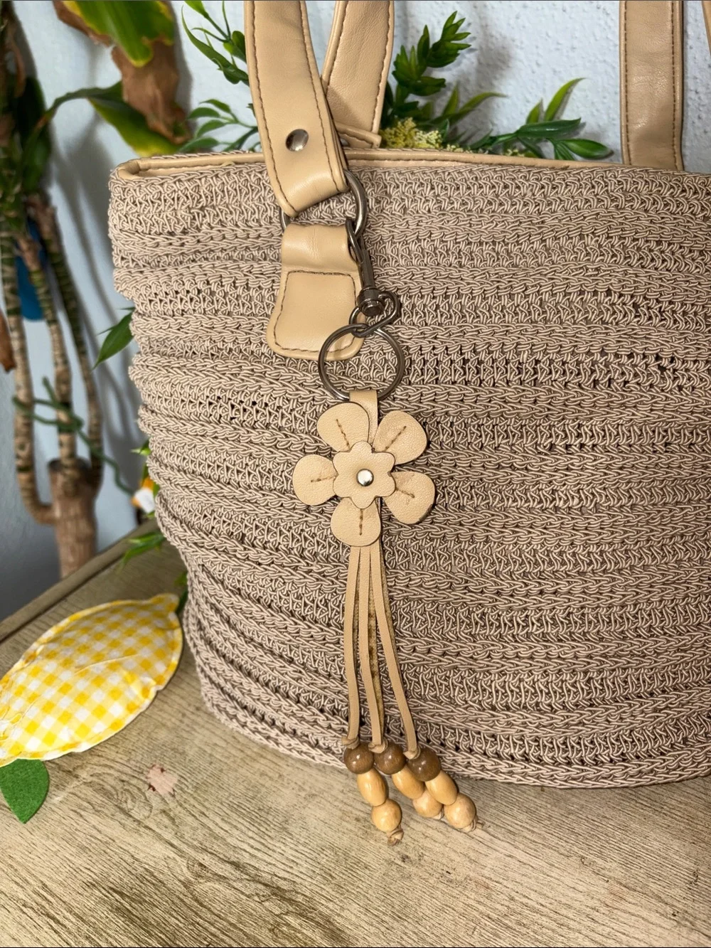 Bohemian Raffia Beige Woven Tote Bag with Flower Charm